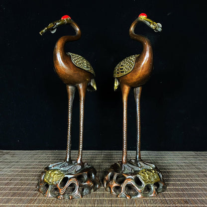 Pair of Handcrafted Gilded Copper Crane Incense Burners - Unique Art Pieces & Gifts