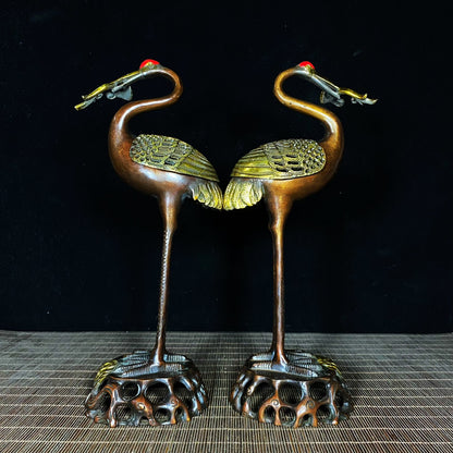 Pair of Handcrafted Gilded Copper Crane Incense Burners - Unique Art Pieces & Gifts