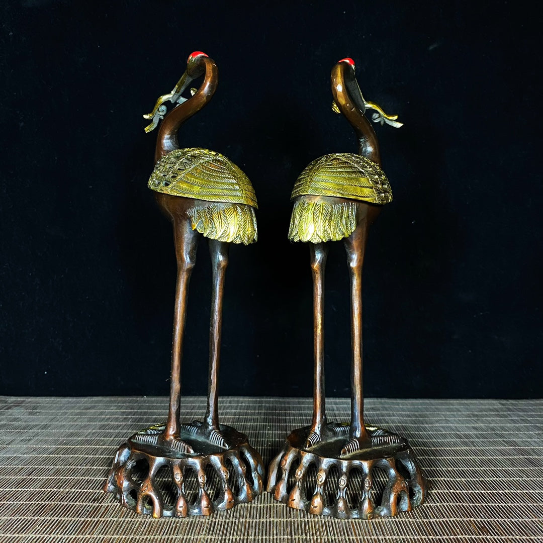 Pair of Handcrafted Gilded Copper Crane Incense Burners - Unique Art Pieces & Gifts