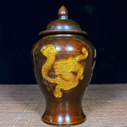 Handcrafted Pure Copper Jar with Dragon and Phoenix Engraving - Vintage Art Piece, Unique Gift