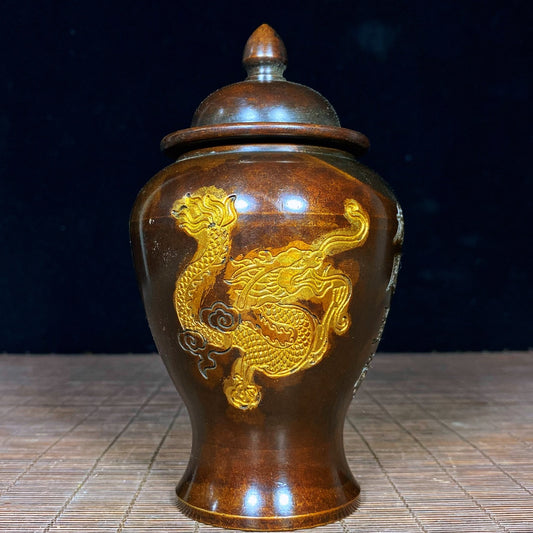 Handcrafted Pure Copper Jar with Dragon and Phoenix Engraving - Vintage Art Piece, Unique Gift