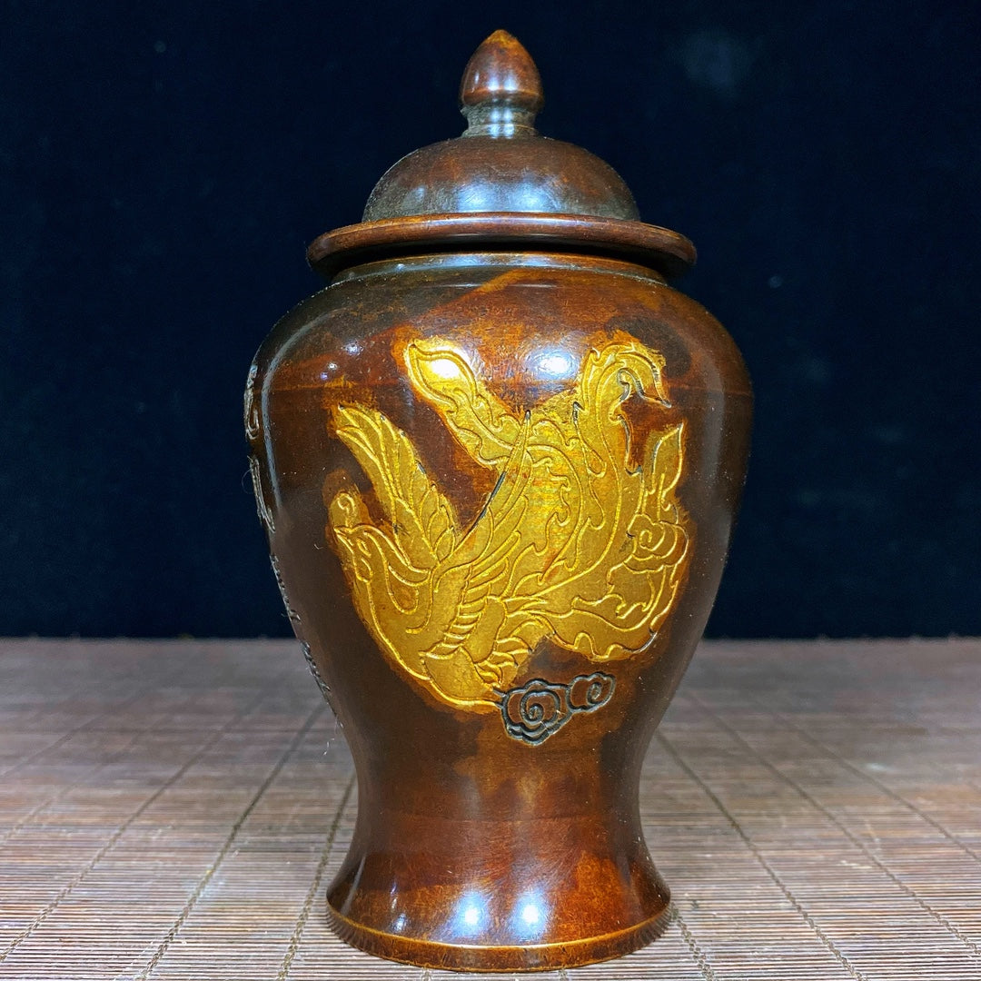 Handcrafted Pure Copper Jar with Dragon and Phoenix Engraving - Vintage Art Piece, Unique Gift