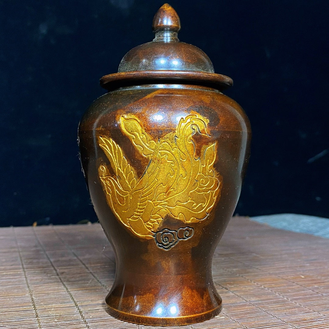 Handcrafted Pure Copper Jar with Dragon and Phoenix Engraving - Vintage Art Piece, Unique Gift