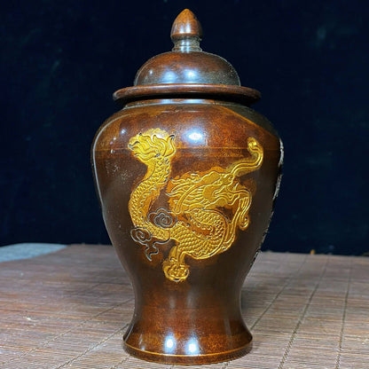 Handcrafted Pure Copper Jar with Dragon and Phoenix Engraving - Vintage Art Piece, Unique Gift