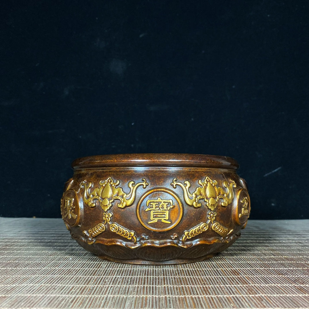 Handcrafted Pure Copper Gilded Treasure Bowl with Exquisite Relief Patterns - Symbol of Wealth