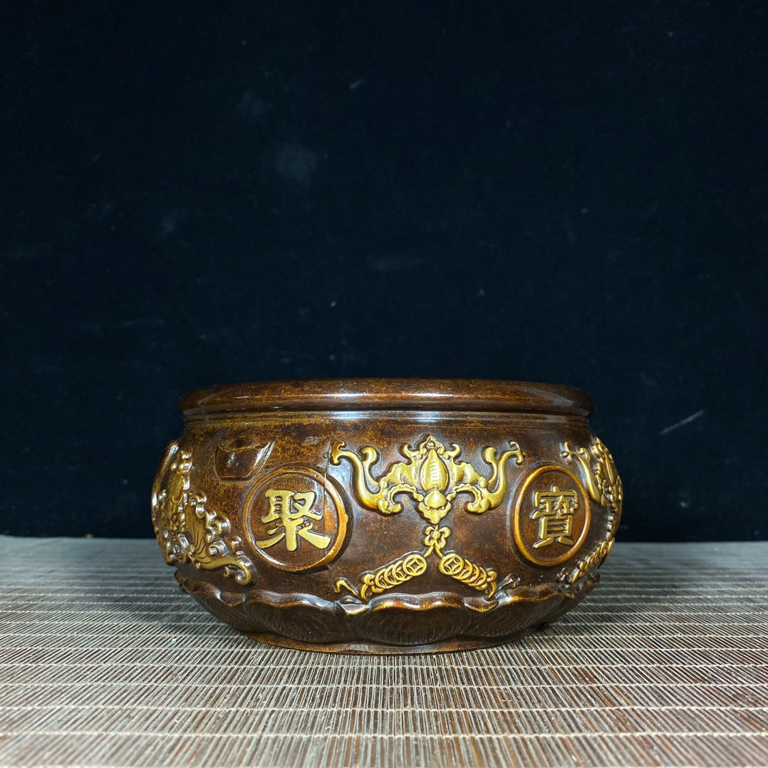 Handcrafted Pure Copper Gilded Treasure Bowl with Exquisite Relief Patterns - Symbol of Wealth