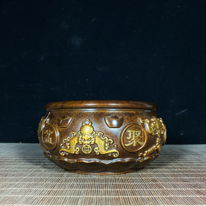 Handcrafted Pure Copper Gilded Treasure Bowl with Exquisite Relief Patterns - Symbol of Wealth