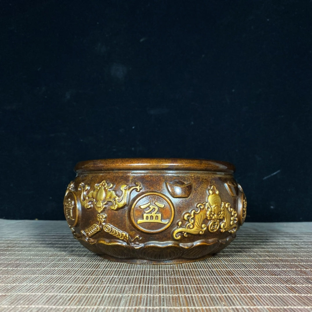 Handcrafted Pure Copper Gilded Treasure Bowl with Exquisite Relief Patterns - Symbol of Wealth