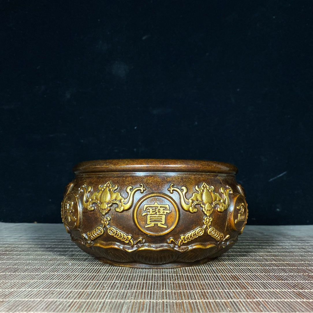 Handcrafted Pure Copper Gilded Treasure Bowl with Exquisite Relief Patterns - Symbol of Wealth