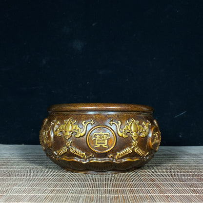 Handcrafted Pure Copper Gilded Treasure Bowl with Exquisite Relief Patterns - Symbol of Wealth