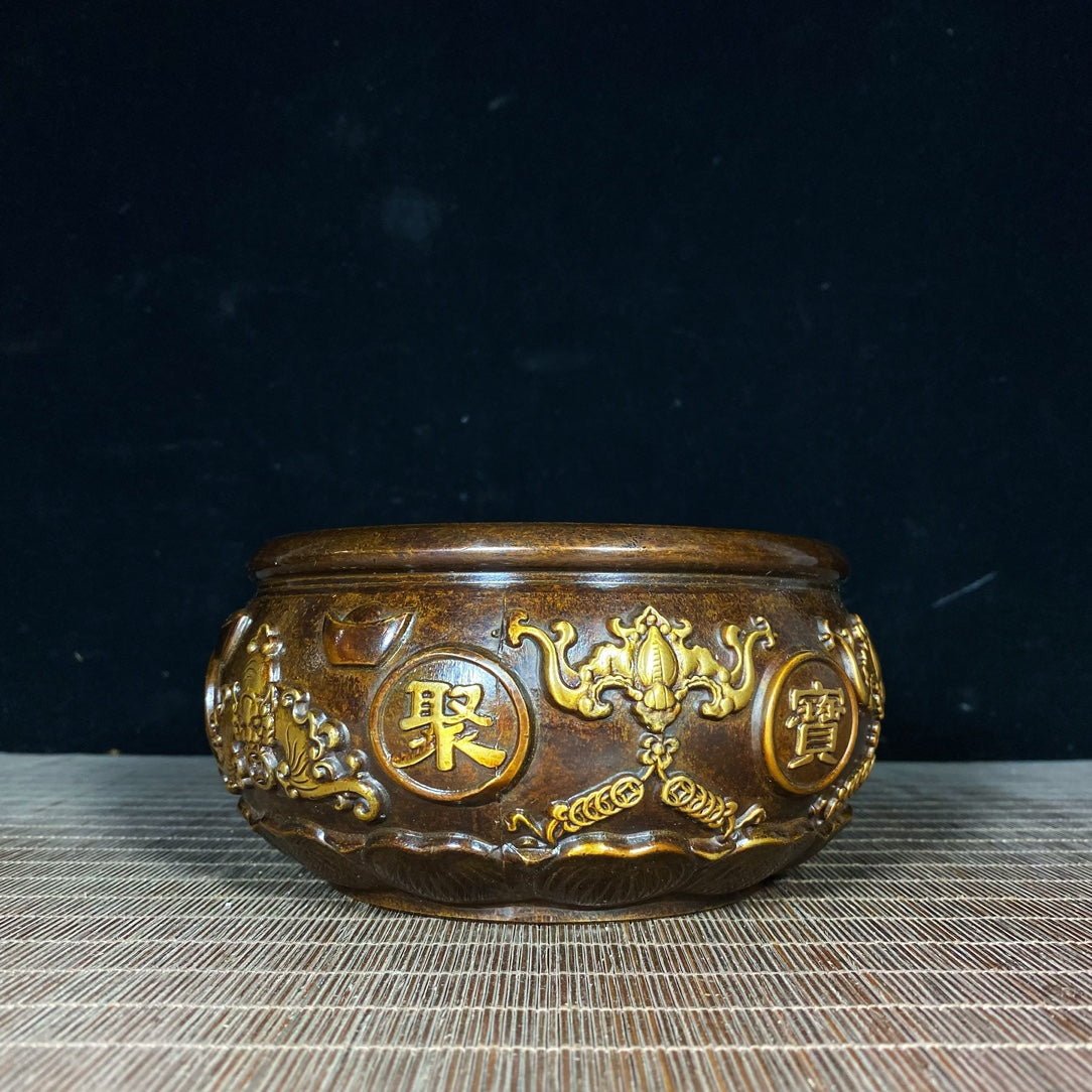 Handcrafted Pure Copper Gilded Treasure Bowl with Exquisite Relief Patterns - Symbol of Wealth