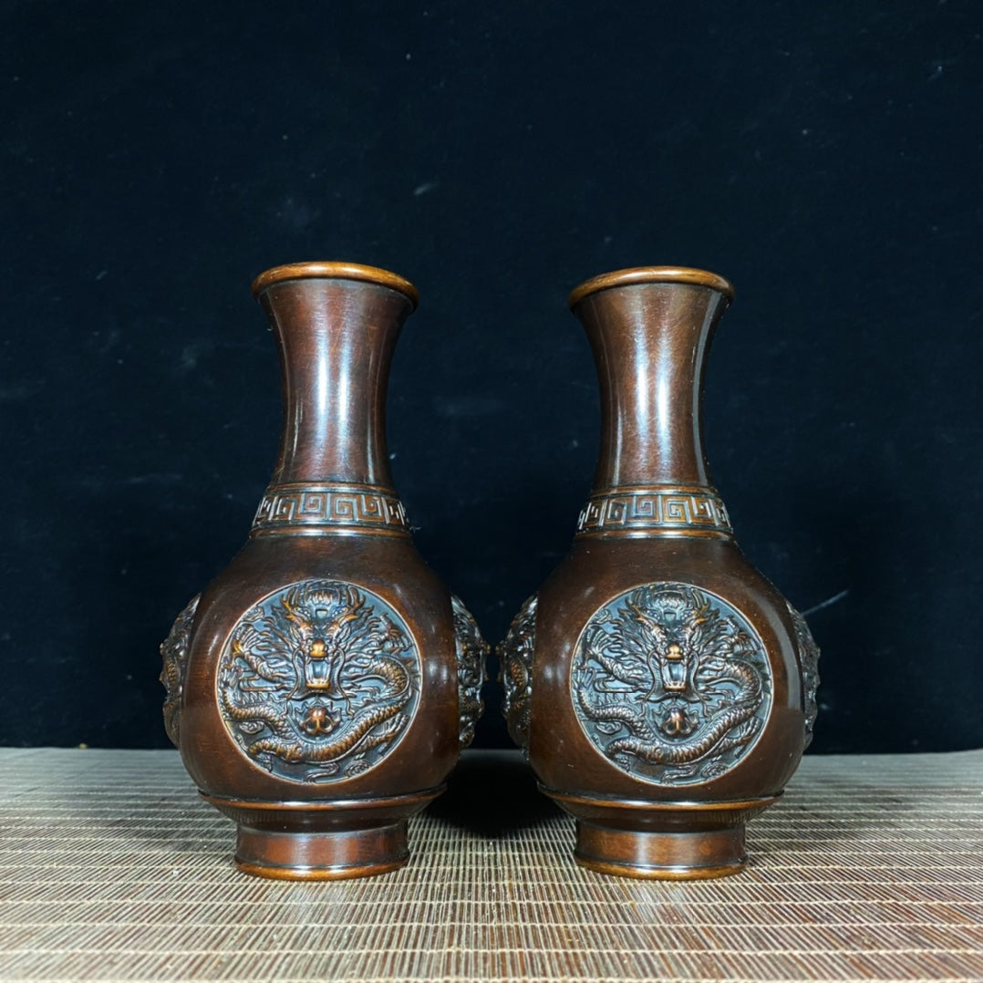 Exquisite Handcrafted Dragon Relief Pure Copper Vases (Pair)