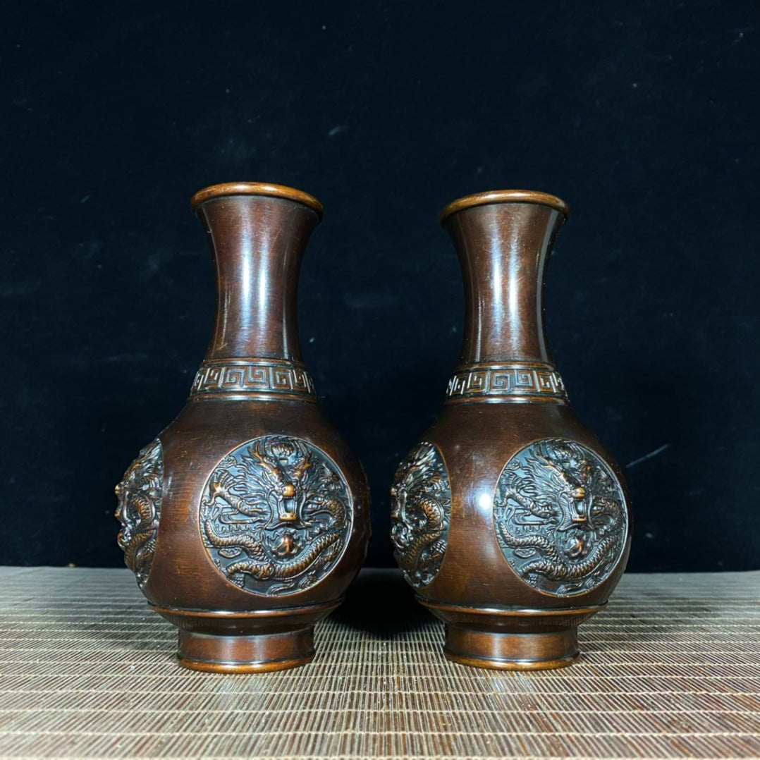 Exquisite Handcrafted Dragon Relief Pure Copper Vases (Pair)