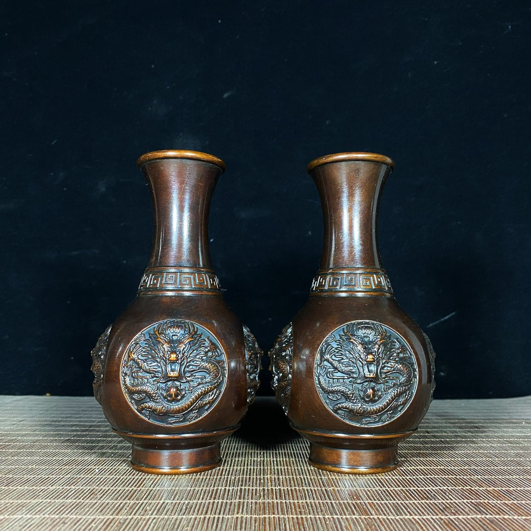 Exquisite Handcrafted Dragon Relief Pure Copper Vases (Pair)