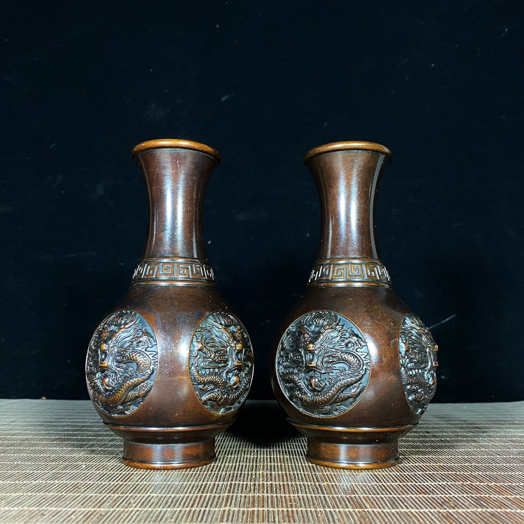 Exquisite Handcrafted Dragon Relief Pure Copper Vases (Pair)