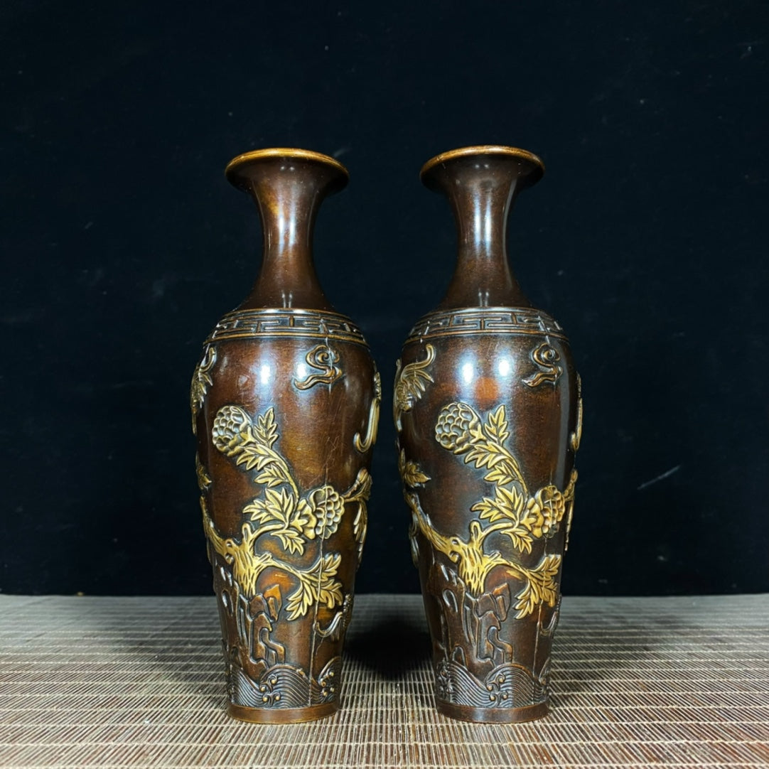 Pair of Exquisite Handcrafted Gilded Copper Vases with Intricate Engravings