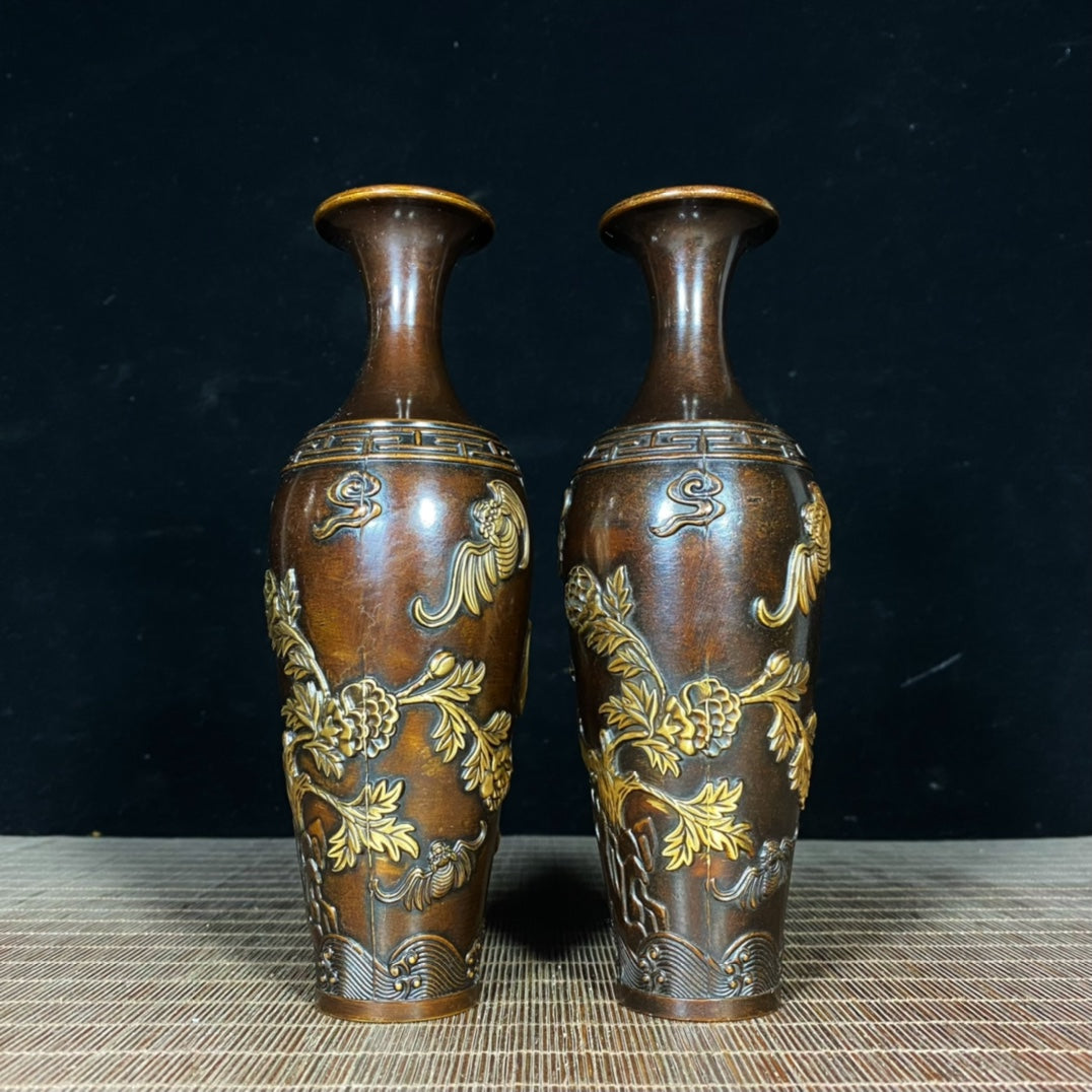 Pair of Exquisite Handcrafted Gilded Copper Vases with Intricate Engravings