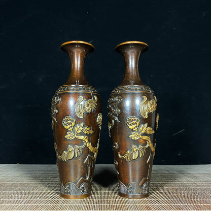 Pair of Exquisite Handcrafted Gilded Copper Vases with Intricate Engravings