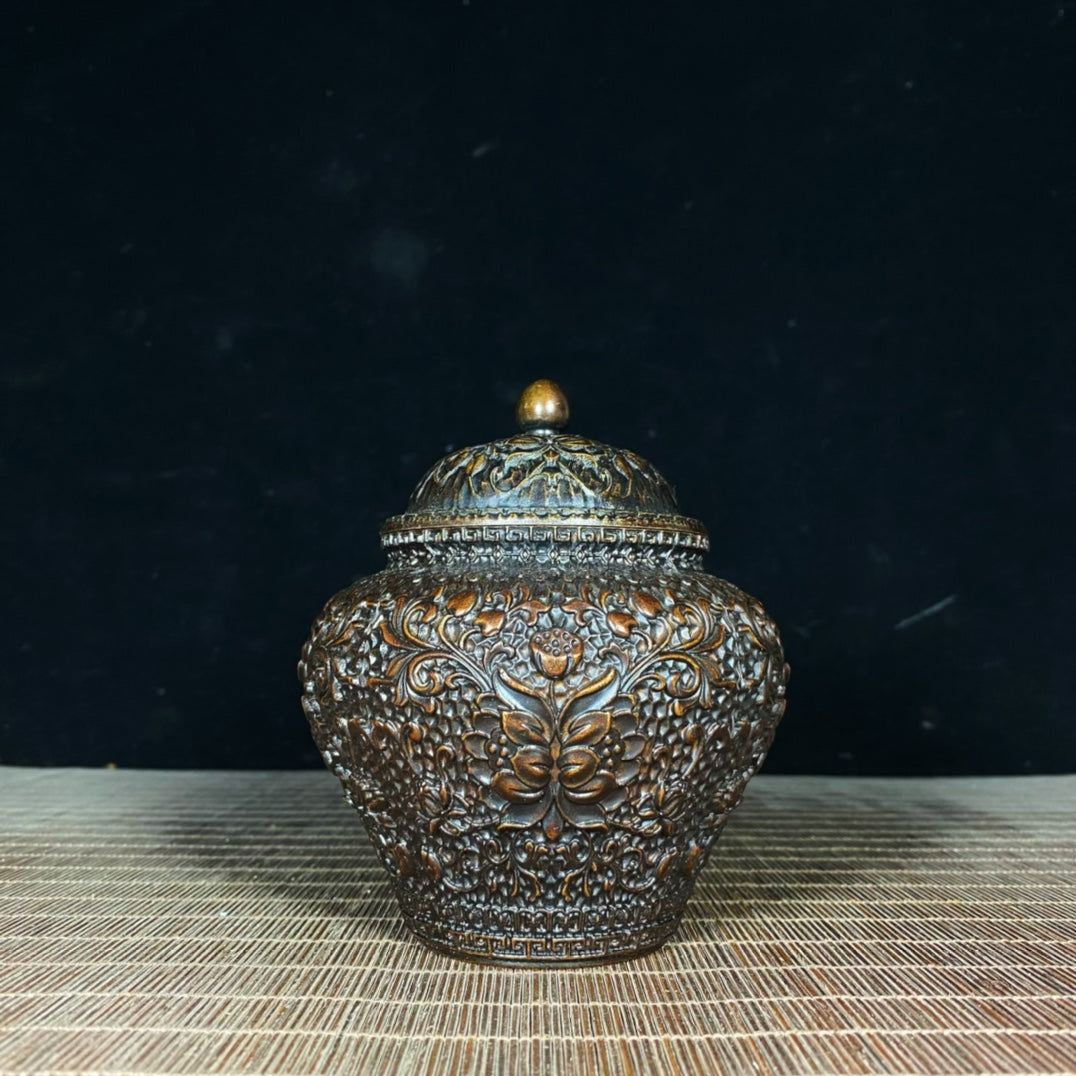 Exquisite Handcrafted Pure Copper Lotus Scroll Engraved Jar - Perfect for Collectors & Decor Enthusiasts