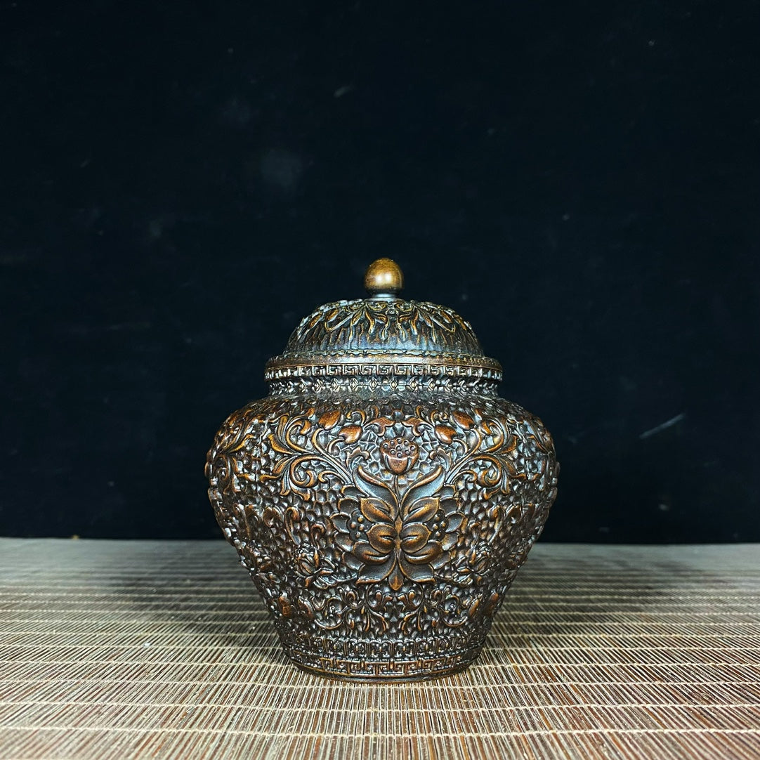 Exquisite Handcrafted Pure Copper Lotus Scroll Engraved Jar - Perfect for Collectors & Decor Enthusiasts