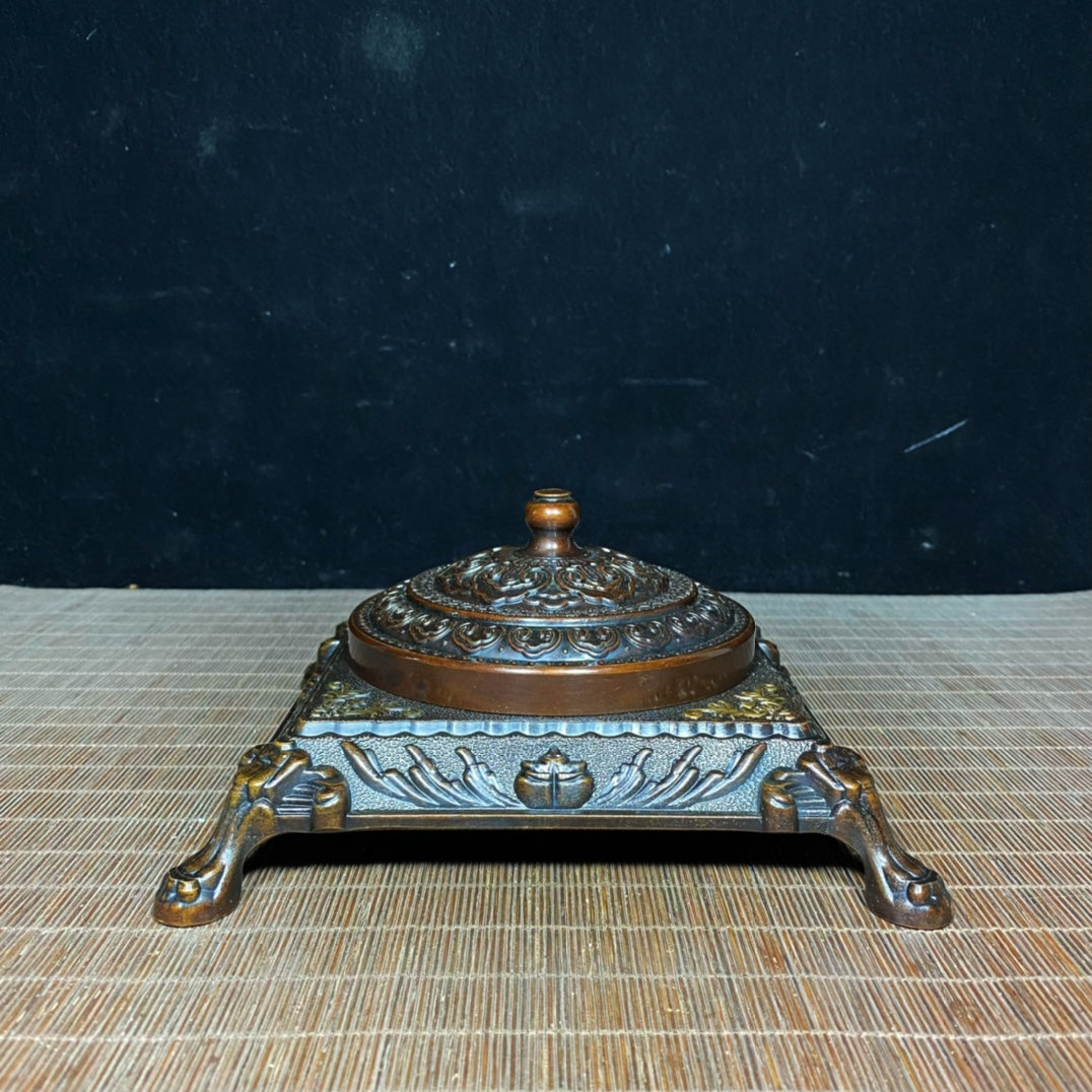 Vintage Handcrafted Solid Copper Gilt Four-Legged Square Ashtray with Auspicious Patterns