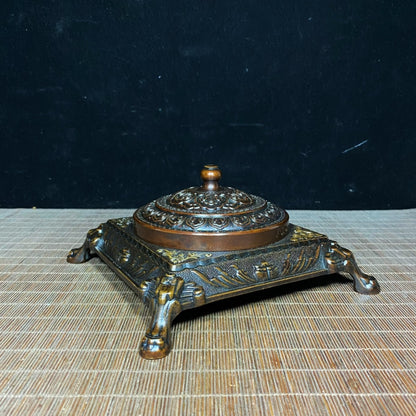 Vintage Handcrafted Solid Copper Gilt Four-Legged Square Ashtray with Auspicious Patterns