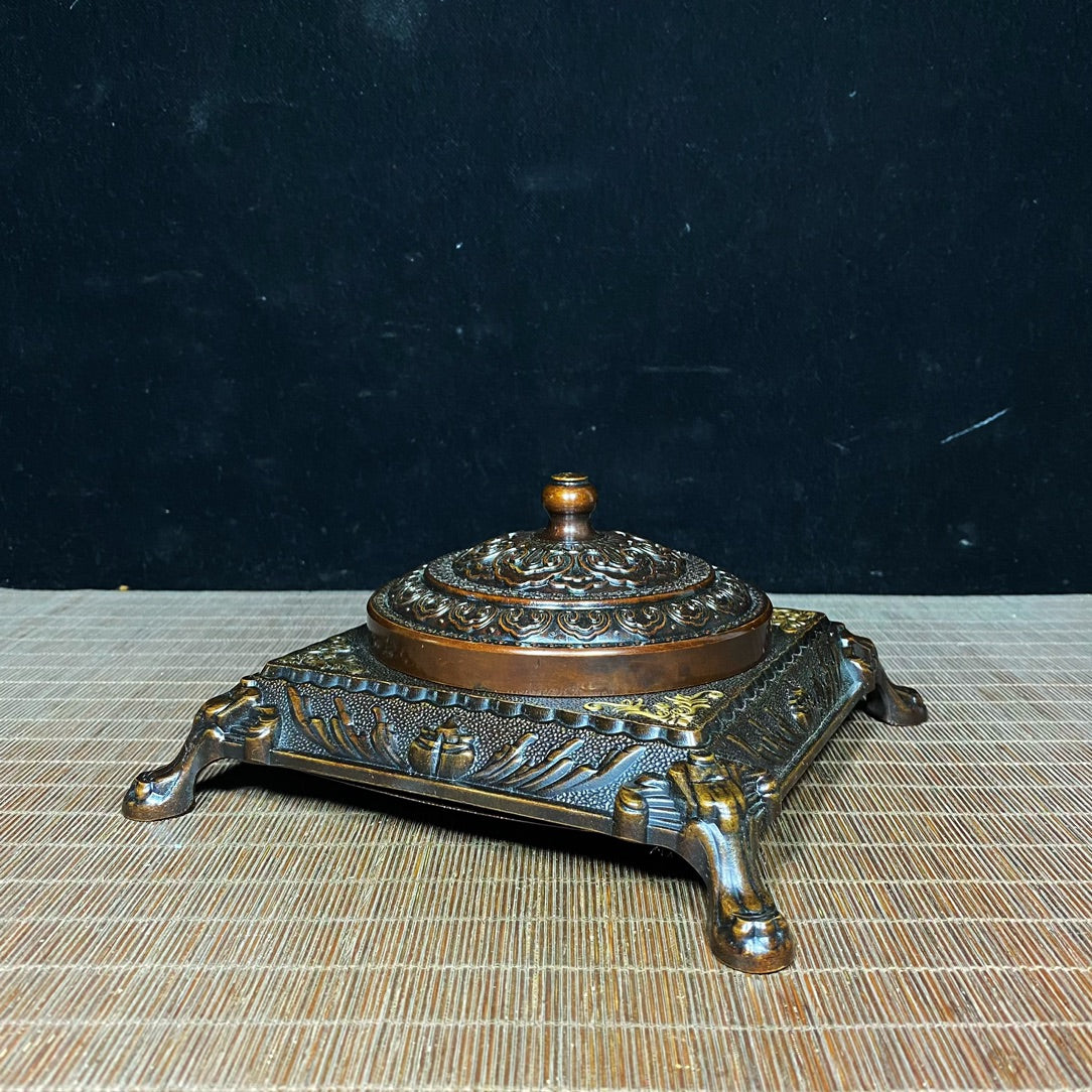 Vintage Handcrafted Solid Copper Gilt Four-Legged Square Ashtray with Auspicious Patterns