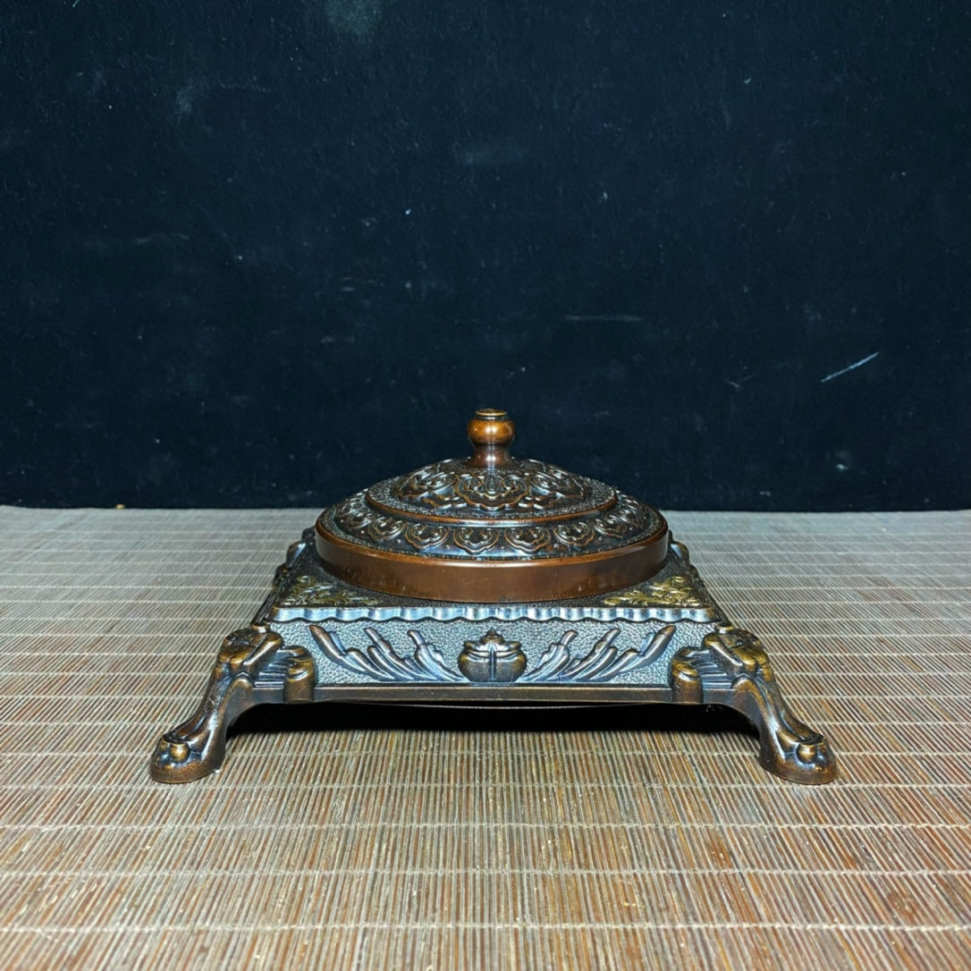 Vintage Handcrafted Solid Copper Gilt Four-Legged Square Ashtray with Auspicious Patterns