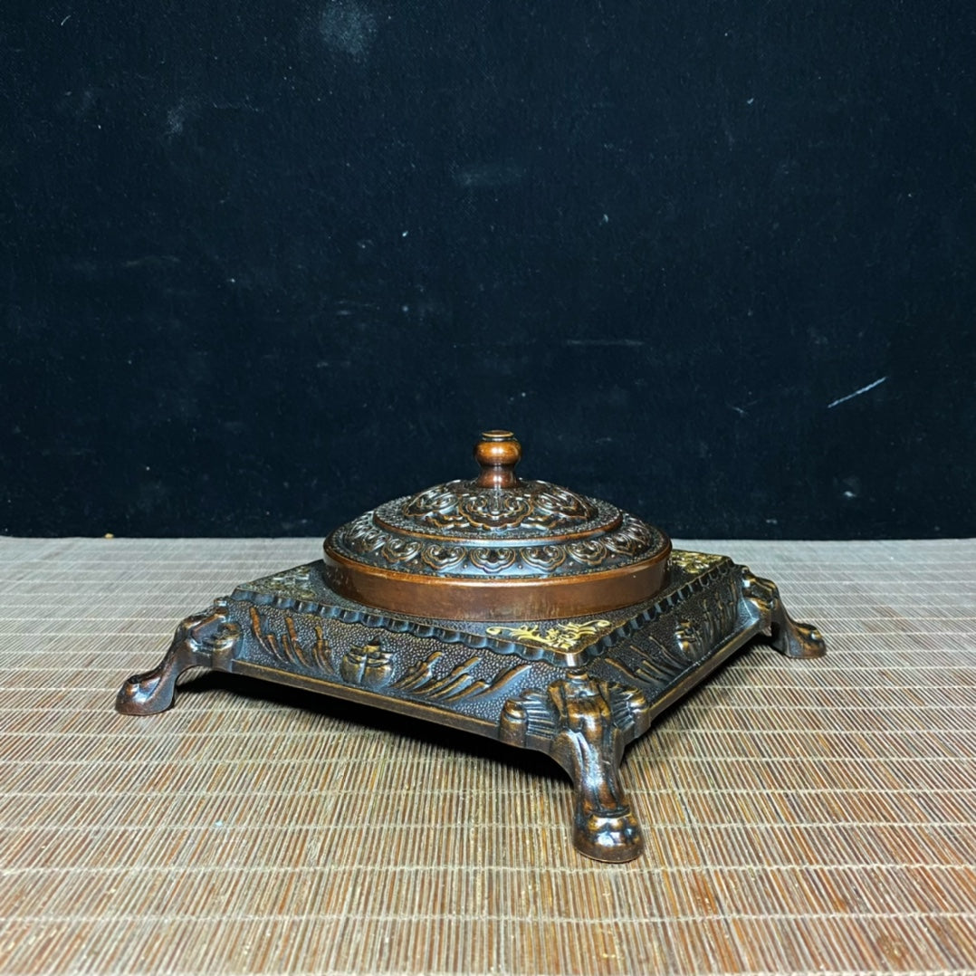 Vintage Handcrafted Solid Copper Gilt Four-Legged Square Ashtray with Auspicious Patterns