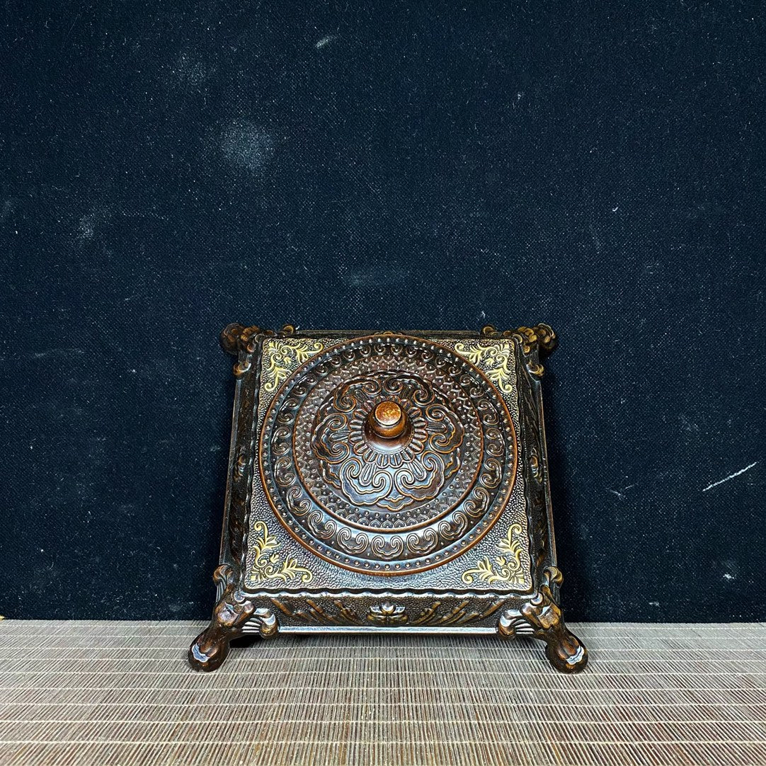 Vintage Handcrafted Solid Copper Gilt Four-Legged Square Ashtray with Auspicious Patterns