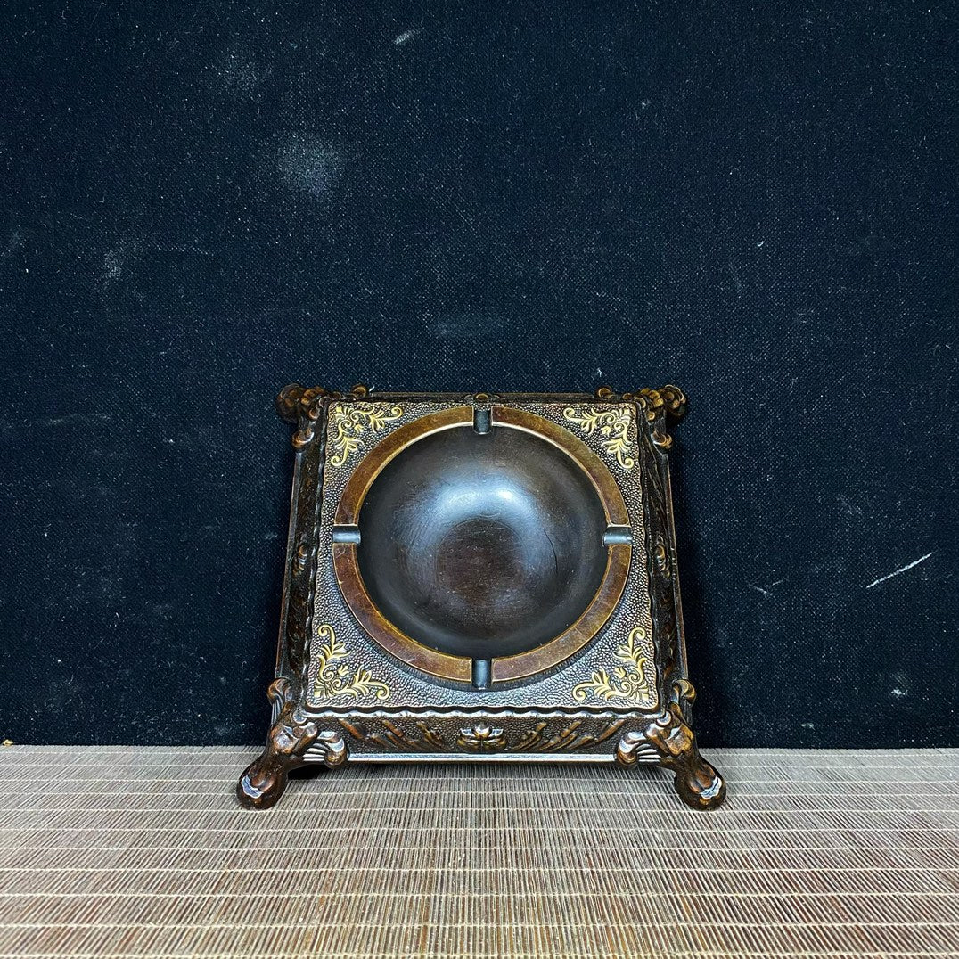 Vintage Handcrafted Solid Copper Gilt Four-Legged Square Ashtray with Auspicious Patterns