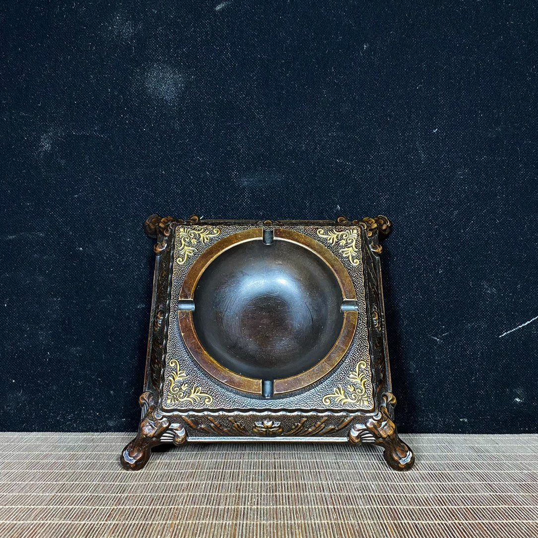 Vintage Handcrafted Solid Copper Gilt Four-Legged Square Ashtray with Auspicious Patterns