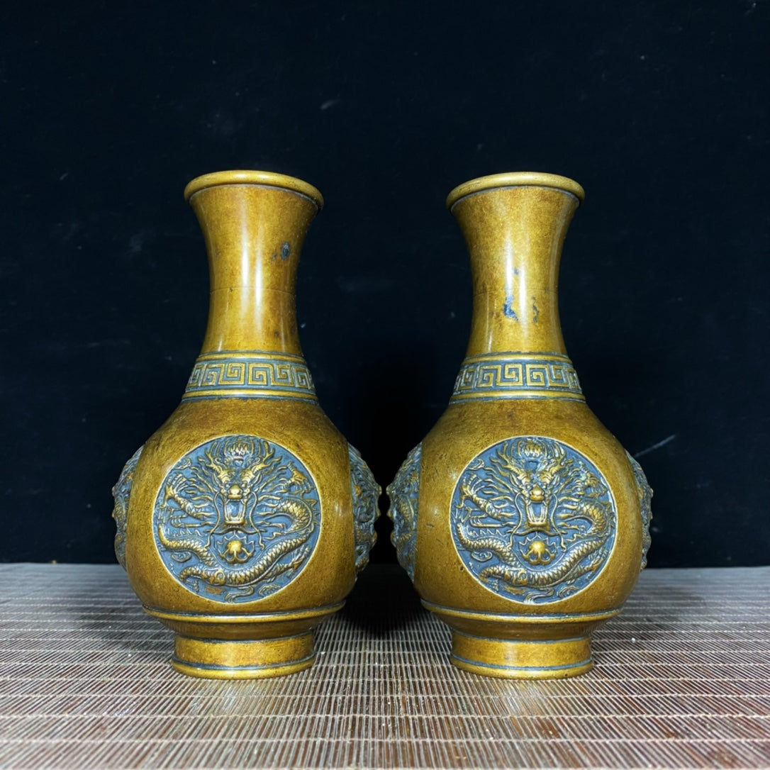 Exquisite Handcrafted Bronze Dragon Relief Vases (Pair)