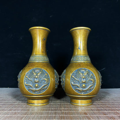 Exquisite Handcrafted Bronze Dragon Relief Vases (Pair)