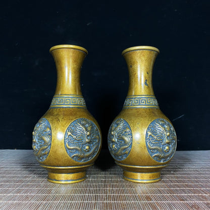 Exquisite Handcrafted Bronze Dragon Relief Vases (Pair)