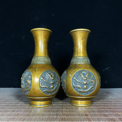 Exquisite Handcrafted Bronze Dragon Relief Vases (Pair)