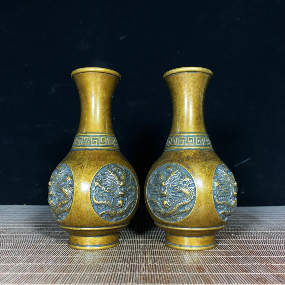 Exquisite Handcrafted Bronze Dragon Relief Vases (Pair)