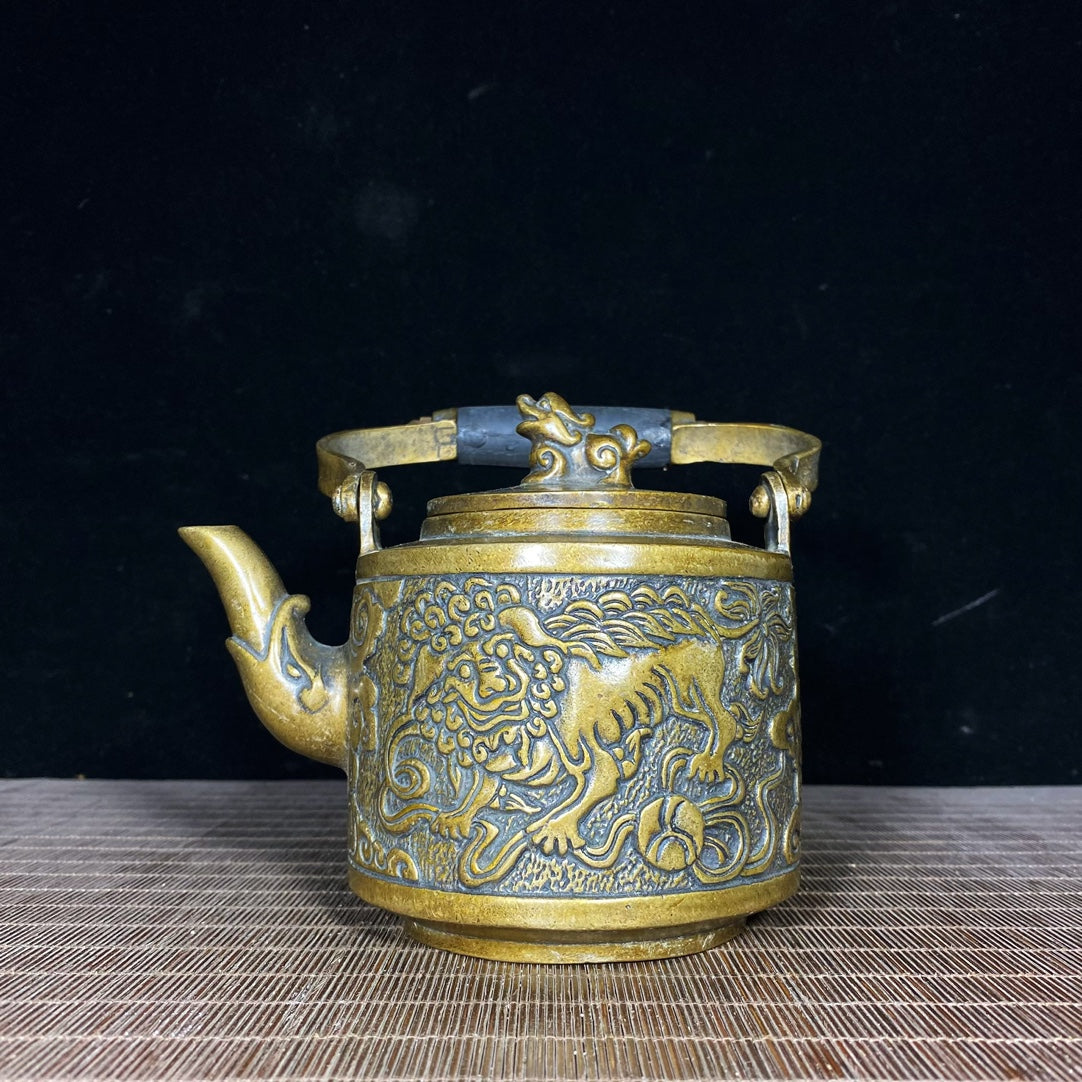 Handcrafted Pure Copper Teapot with Lion and Kylin Engraving - Unique Vintage Gift