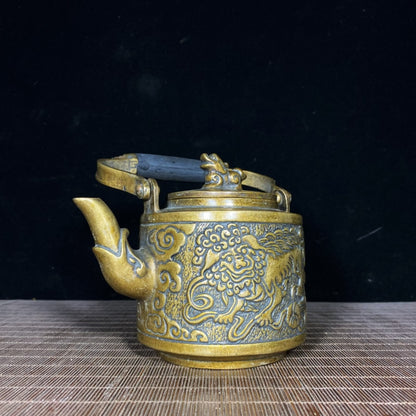 Handcrafted Pure Copper Teapot with Lion and Kylin Engraving - Unique Vintage Gift