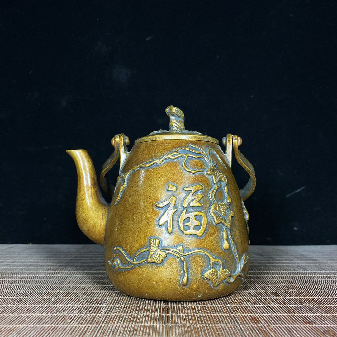 Exquisite Copper Relief Teapot with Wooden Handle - Handcrafted Masterpiece for Collectors and Decor Enthusiasts