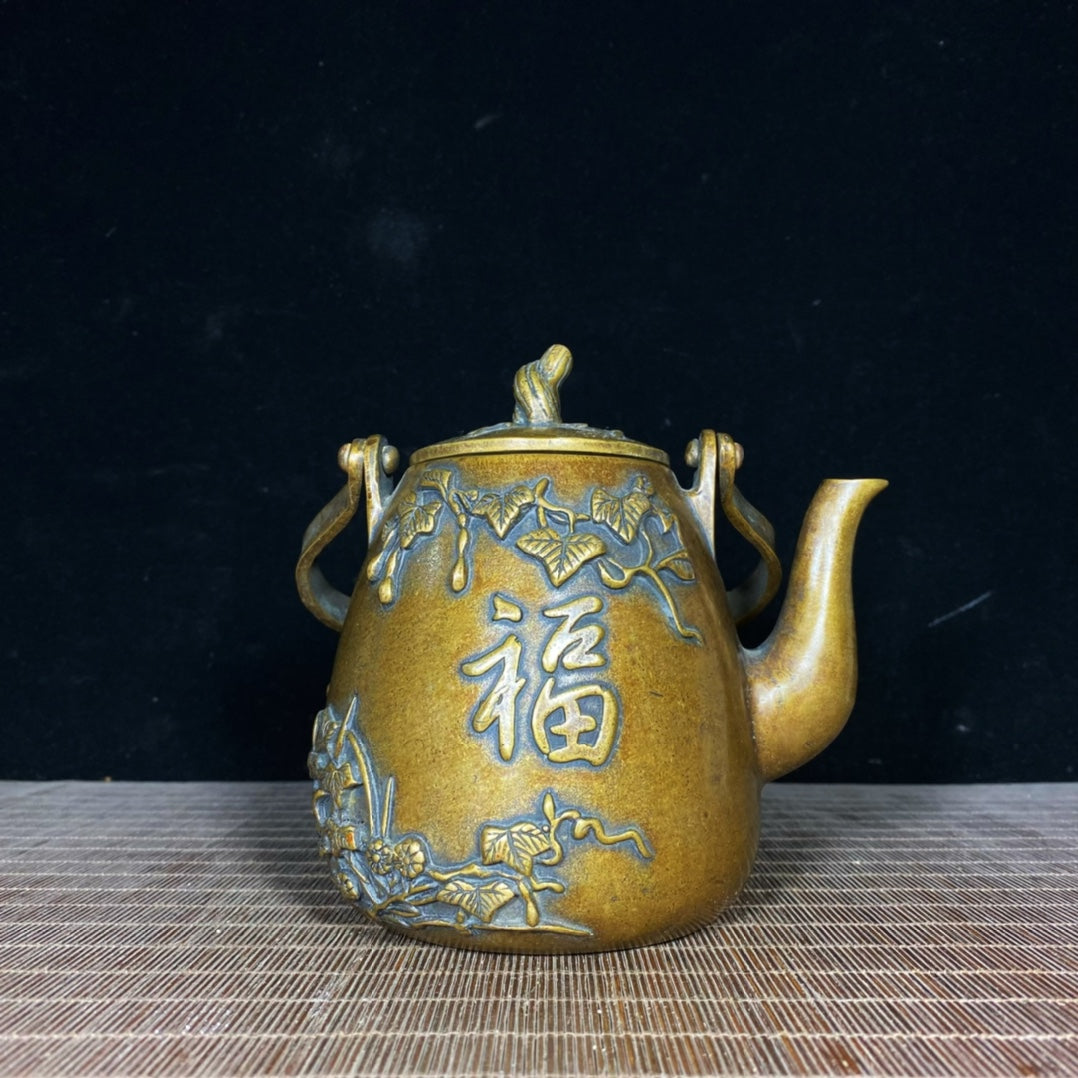 Exquisite Copper Relief Teapot with Wooden Handle - Handcrafted Masterpiece for Collectors and Decor Enthusiasts