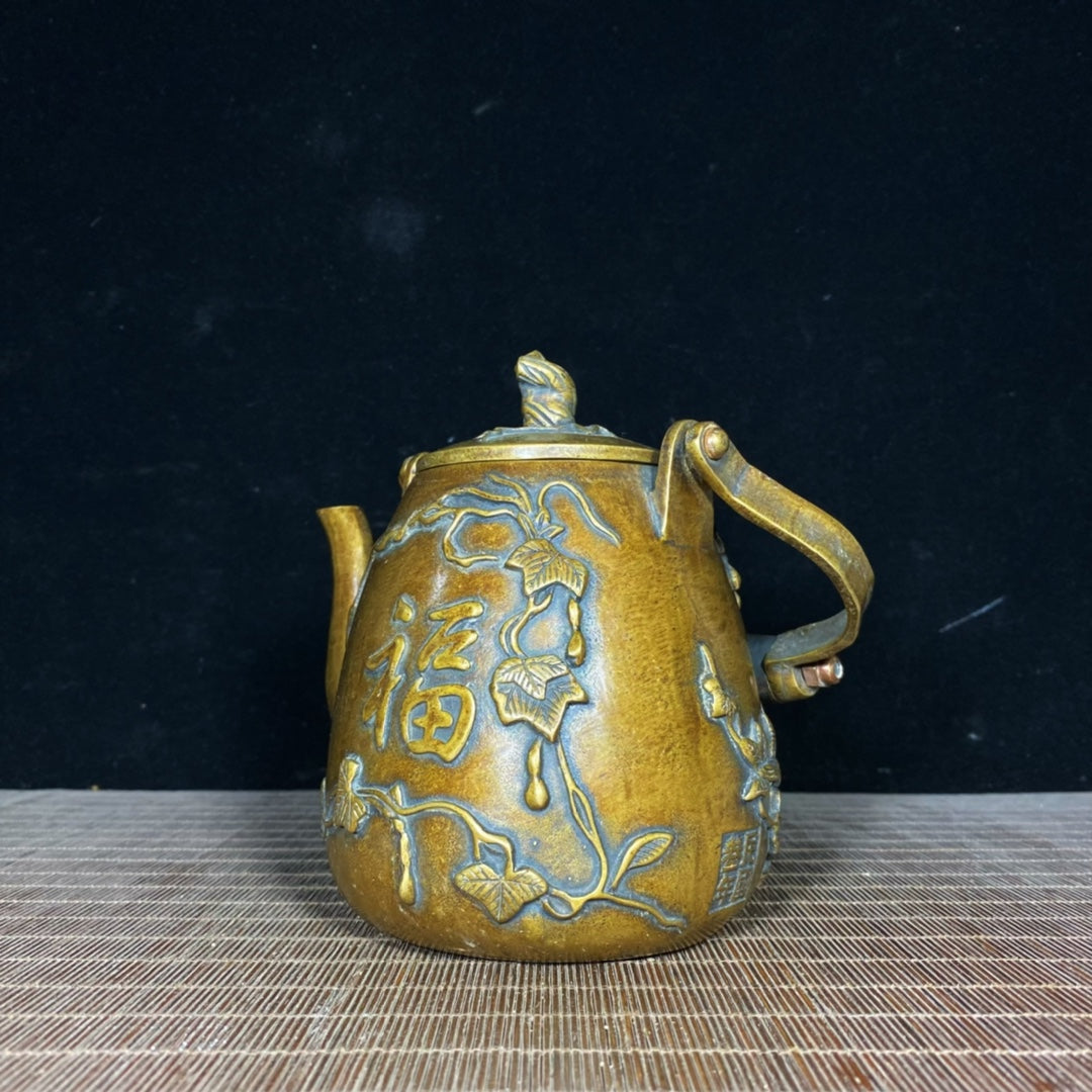 Exquisite Copper Relief Teapot with Wooden Handle - Handcrafted Masterpiece for Collectors and Decor Enthusiasts