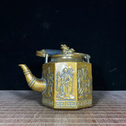 Pure Copper Eight-sided Relief Eight Immortals Teapot with Wooden Handle - Handcrafted, Exquisite Craftsmanship, Rare Collectible