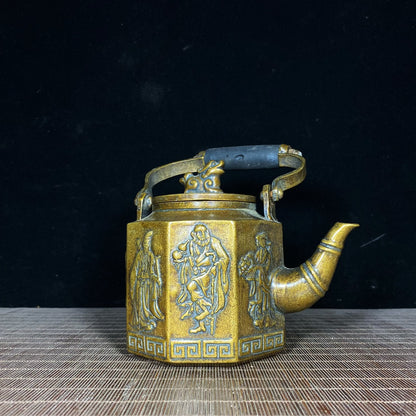 Pure Copper Eight-sided Relief Eight Immortals Teapot with Wooden Handle - Handcrafted, Exquisite Craftsmanship, Rare Collectible