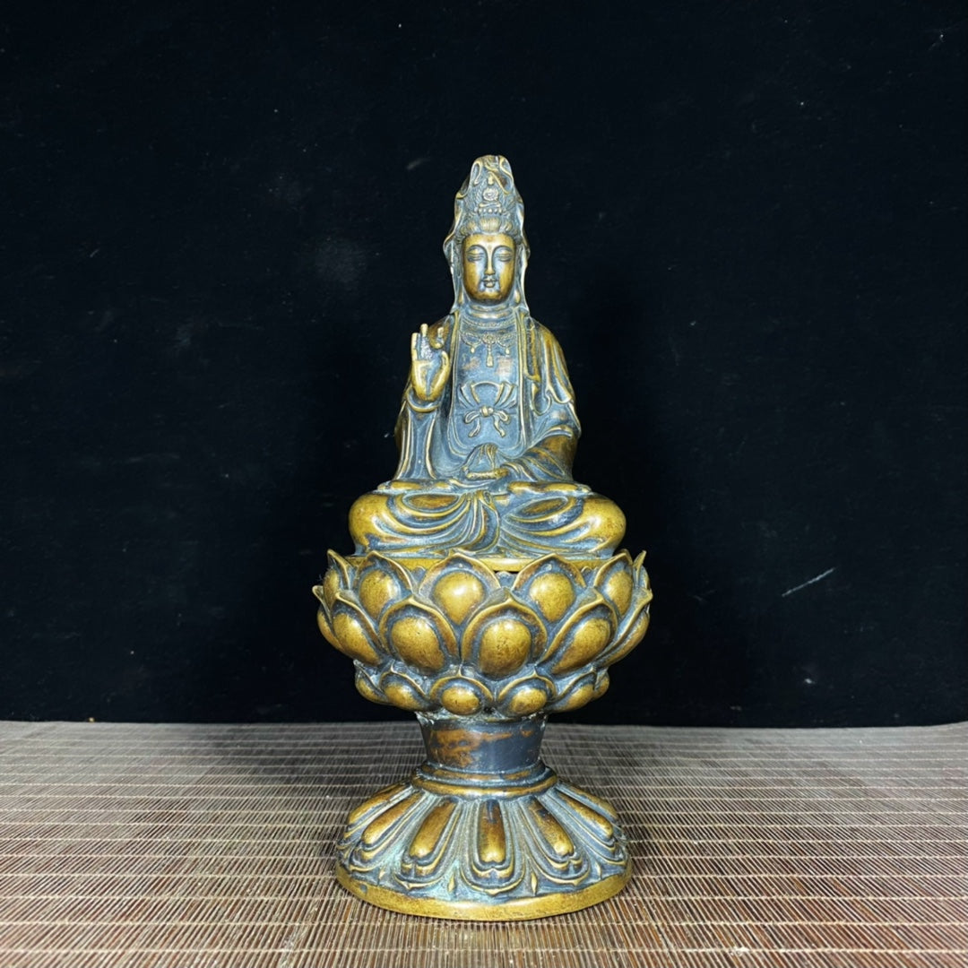 Handcrafted Pure Copper Lotus Base Guanyin Buddha Incense Burner - Exquisite Art for Home and Office Decor