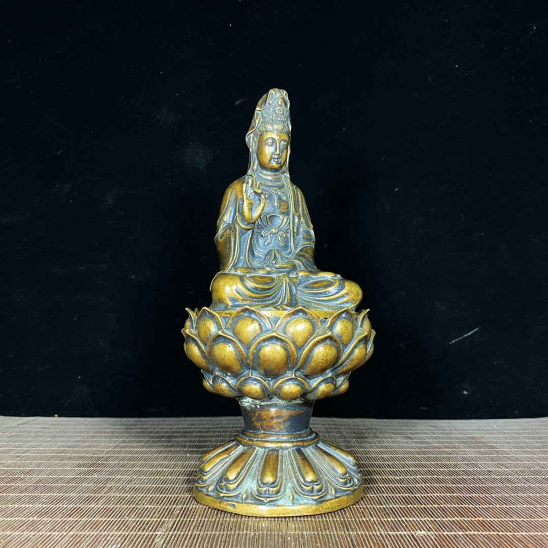 Handcrafted Pure Copper Lotus Base Guanyin Buddha Incense Burner - Exquisite Art for Home and Office Decor