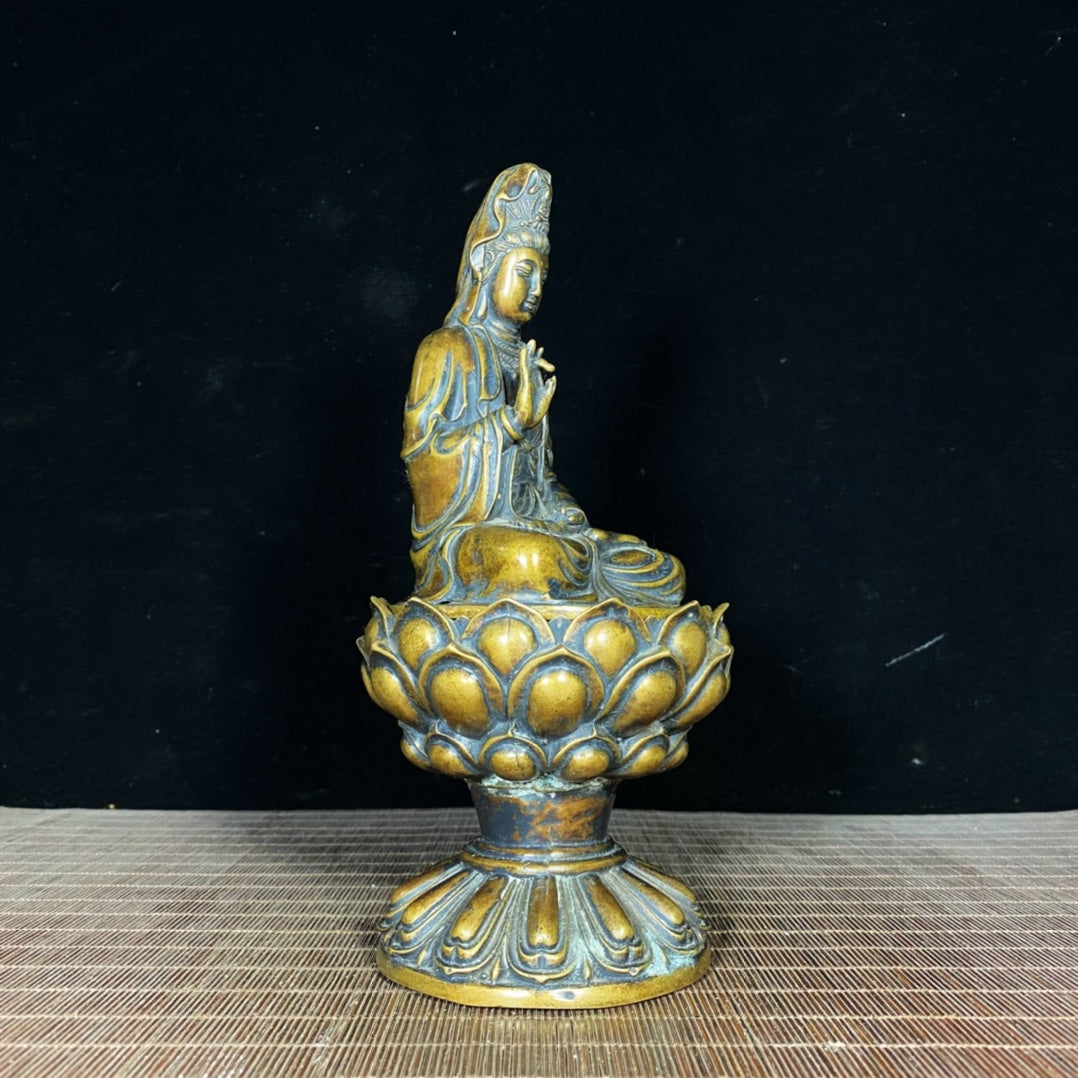 Handcrafted Pure Copper Lotus Base Guanyin Buddha Incense Burner - Exquisite Art for Home and Office Decor