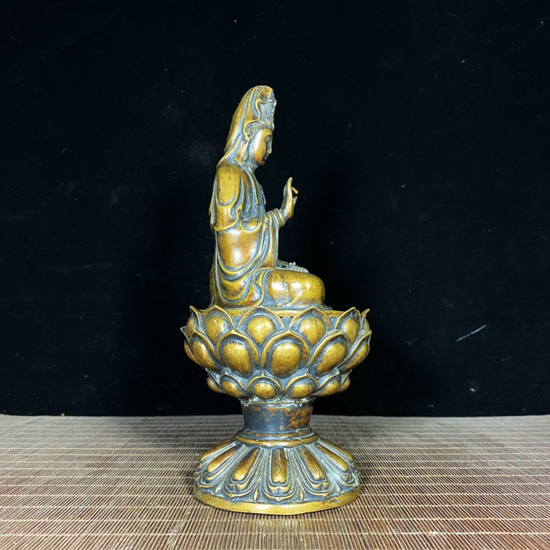 Handcrafted Pure Copper Lotus Base Guanyin Buddha Incense Burner - Exquisite Art for Home and Office Decor