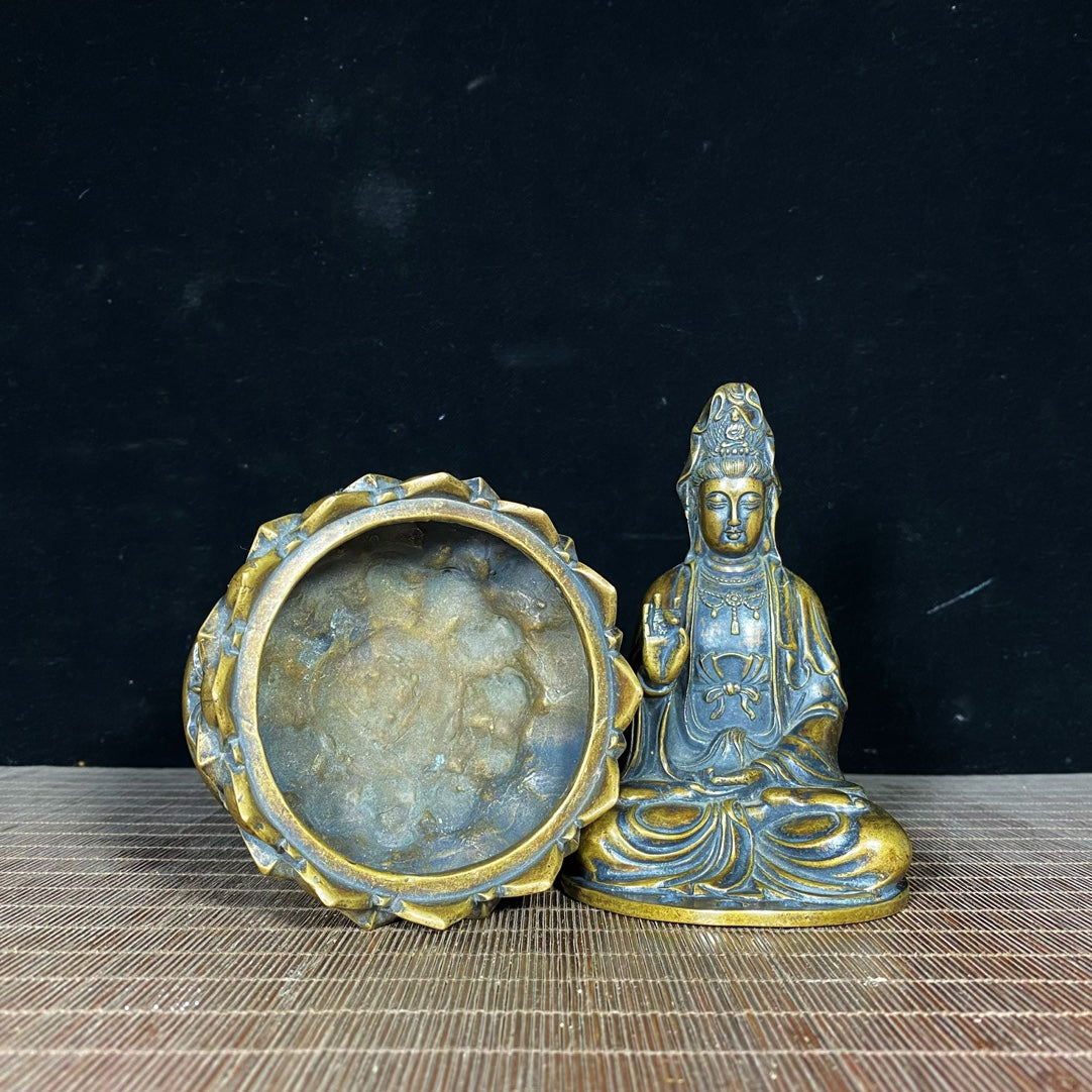 Handcrafted Pure Copper Lotus Base Guanyin Buddha Incense Burner - Exquisite Art for Home and Office Decor