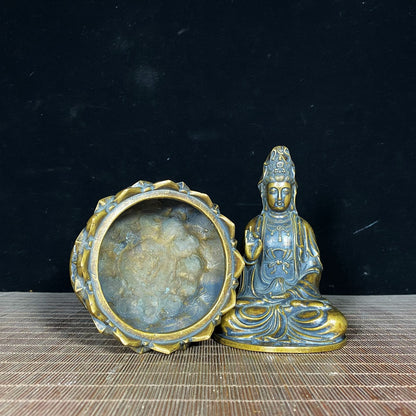 Handcrafted Pure Copper Lotus Base Guanyin Buddha Incense Burner - Exquisite Art for Home and Office Decor